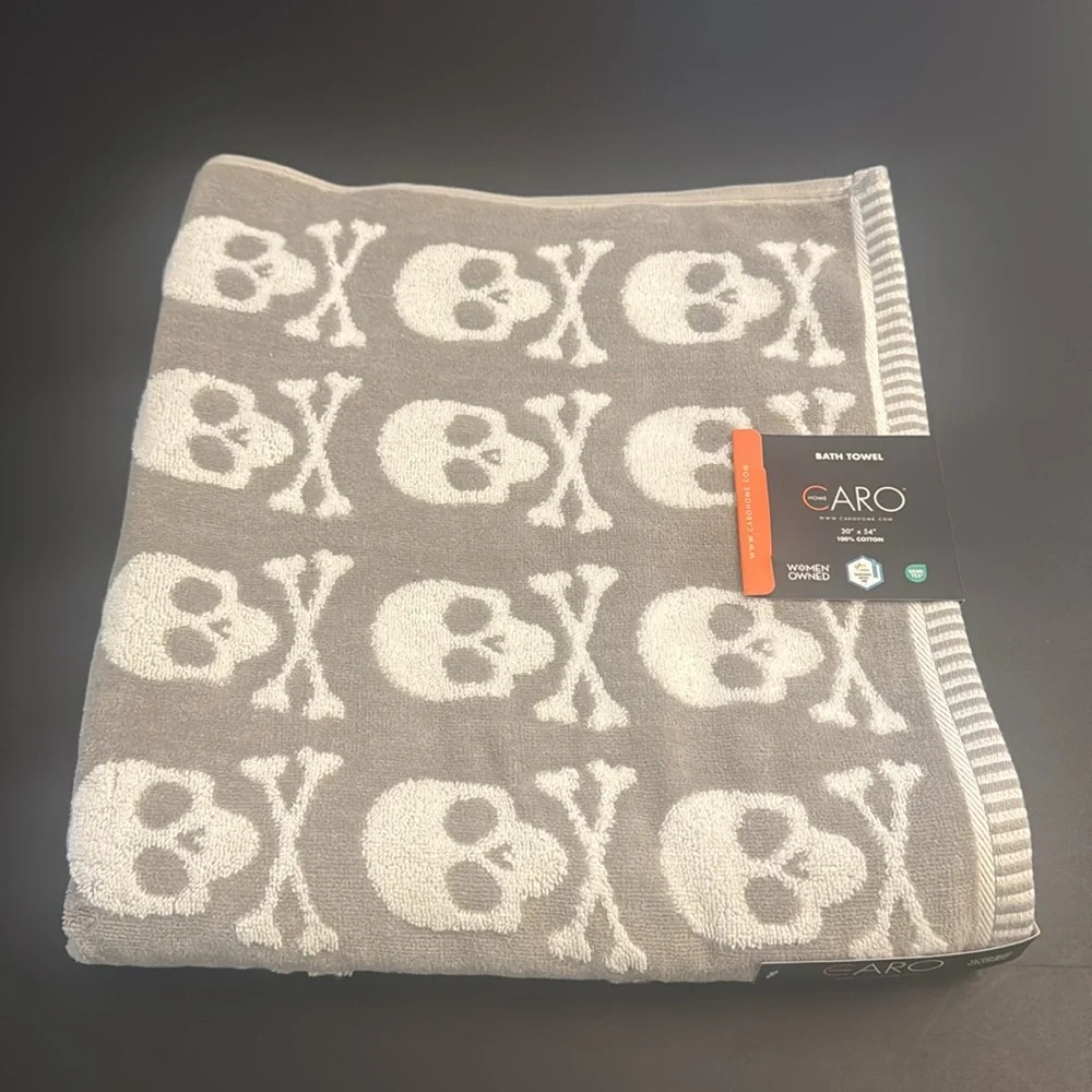 3pc CARO HOME Skull Pattern Bath Towel Set - Halloween - 100% Cotton -Gray/White
